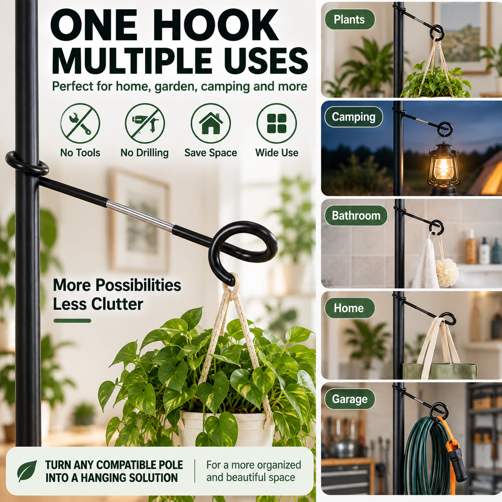 🌿🔩 No-Drill Plant Pole Hanging Hook — Fixed Metal Hook for Extra Greenery Space