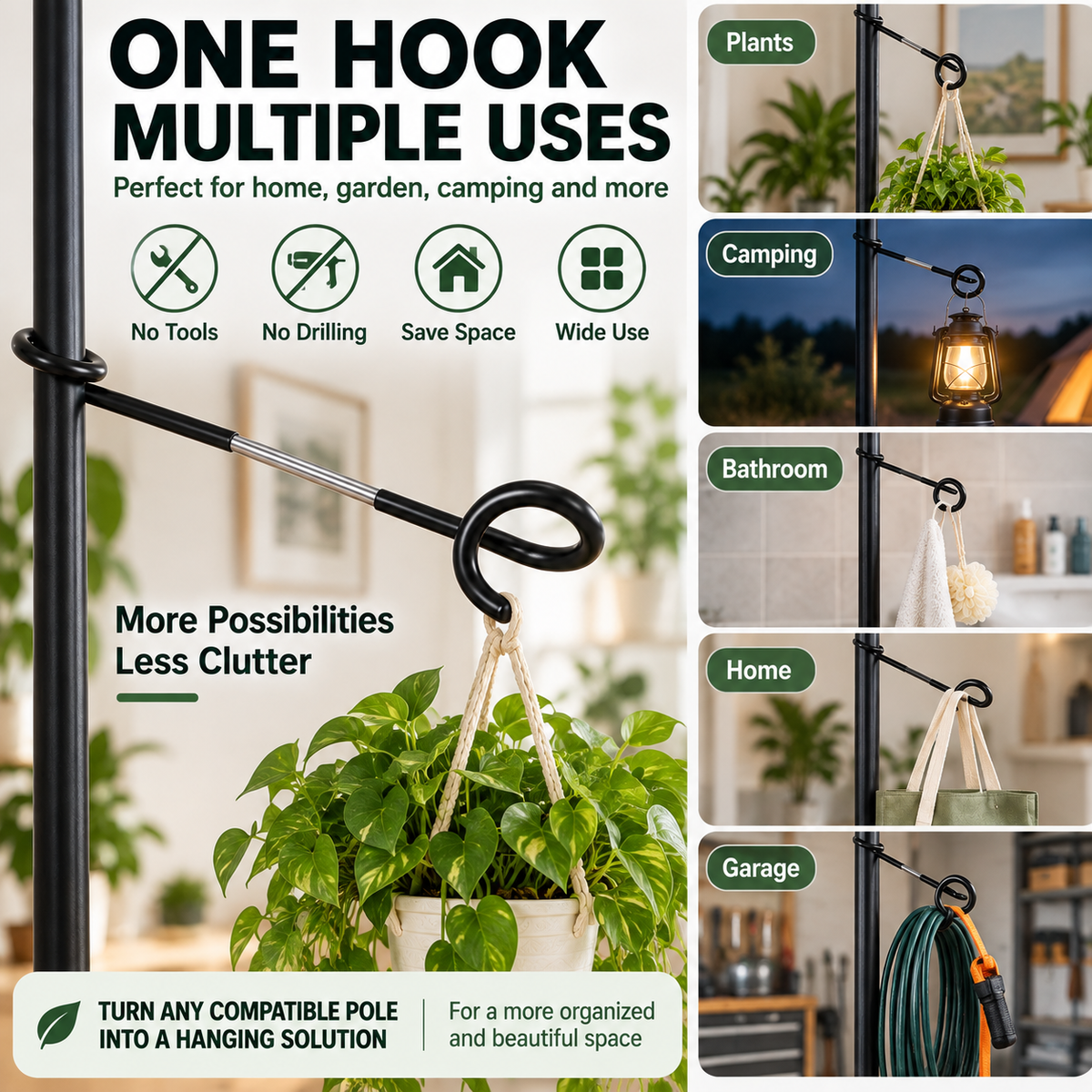 🌿🔩 No-Drill Plant Pole Hanging Hook — Fixed Metal Hook for Extra Greenery Space