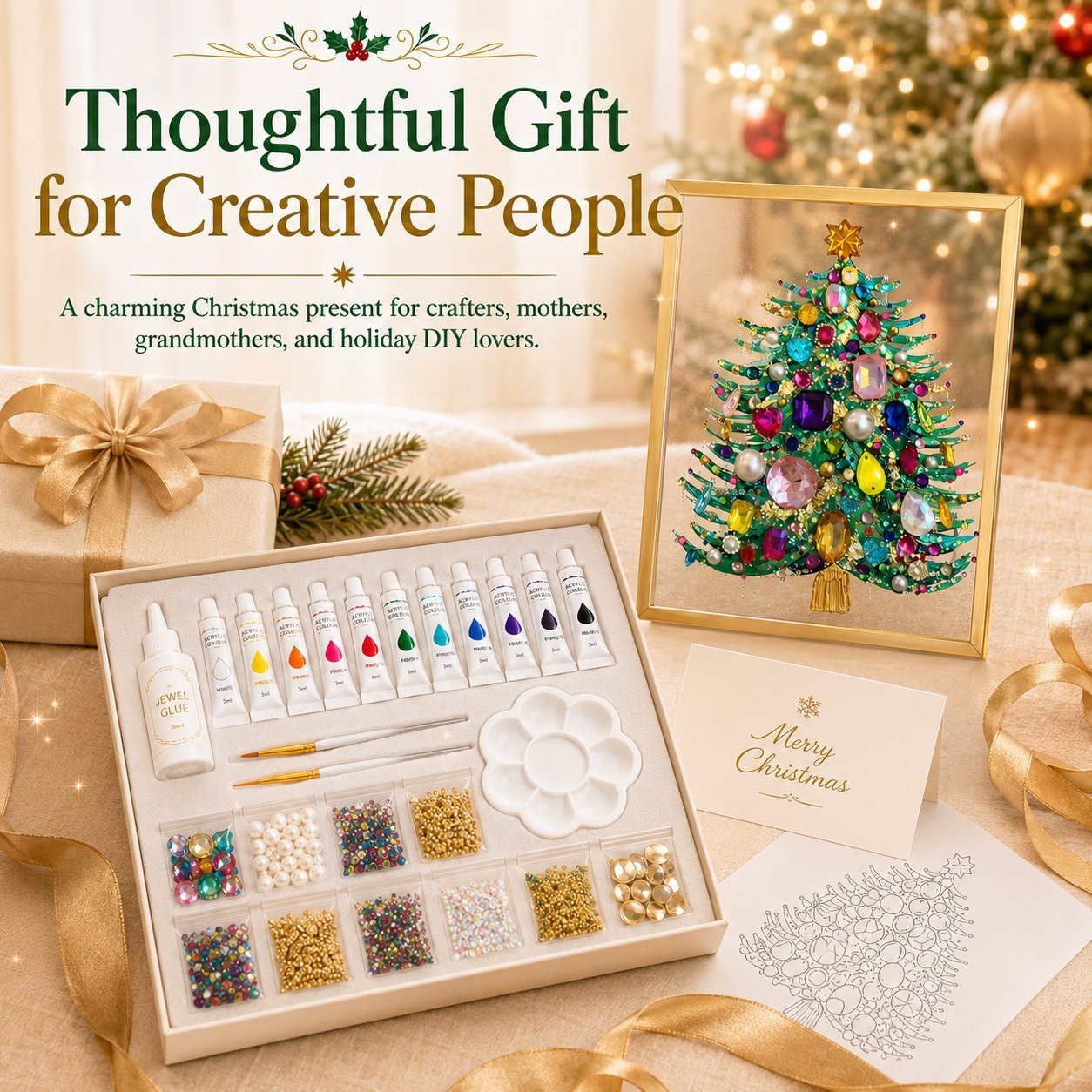 🔥 HOT SALE 60% OFF – 🎄 DIY Jeweled Christmas Tree Art Kit | Colorful Gems, Pearls, Paints &amp; Gold-Tone Floating Display Frame 💎✨ - 🎄 Christmas Tree A / 5.9 × 7.9 in